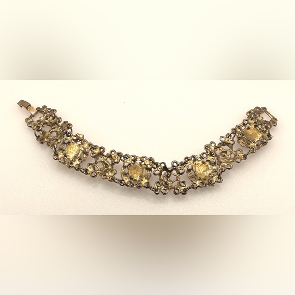 Vintage Gold Tone Ornate Scroll Design Panel Linked Cabochon Gems - Picture 10 of 11